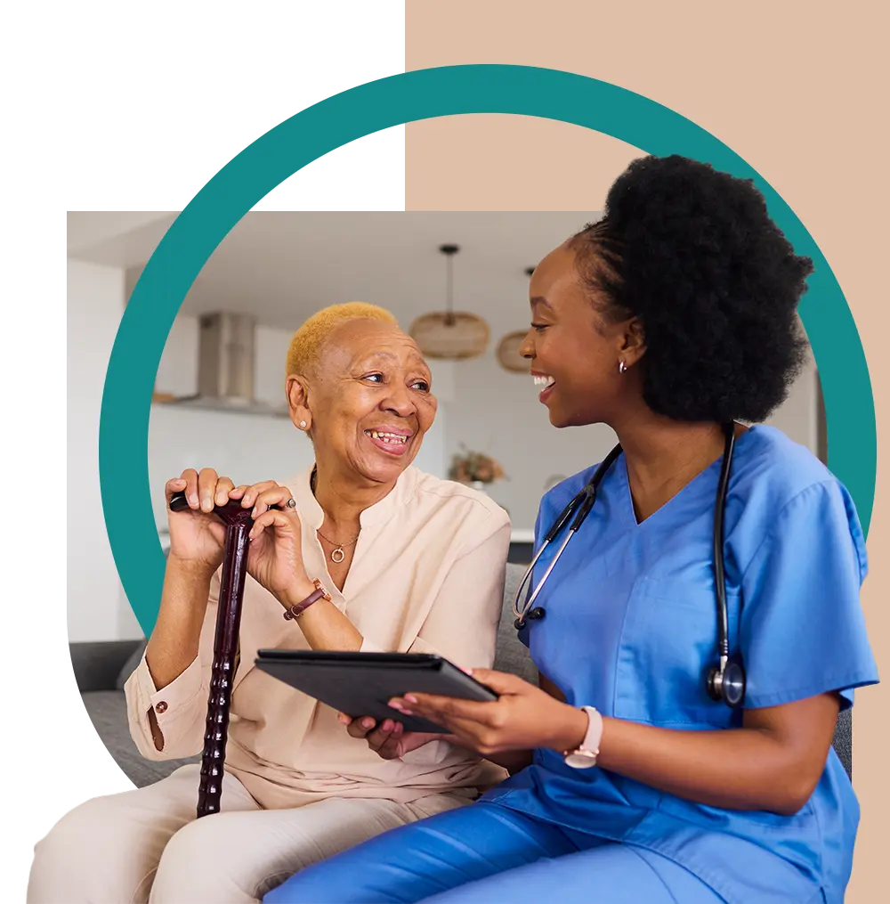 Female nurse practitioner providing a home-centered care assessment to a health plans polychrionic member