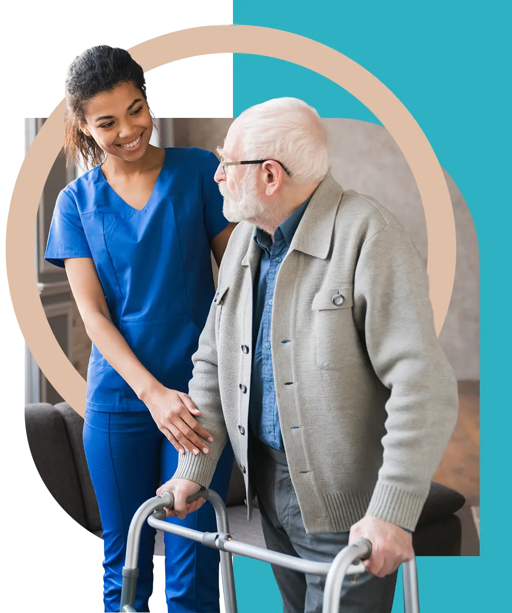 Nurse practitioner walking a providers patient with a walker